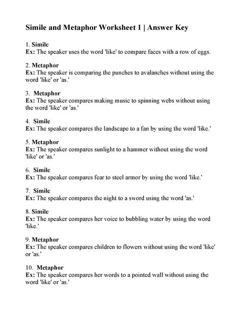 simile and metaphor worksheet with answers